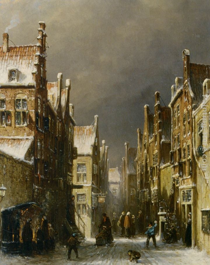 Pieter Gerard Vertin Figures in the Snow Covered Streets of a Dutch Town
